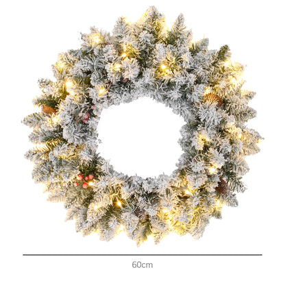 60" Snowy Pine Cone and Berry Christmas Wreath, with LED Lights