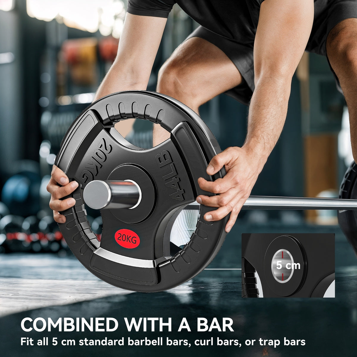 Olympic Weight Plate, 2"/5cm Weight Disc with Tri-Grips, 20kg Dumbbell Plate for Weightlifting and Strength Training Home Gym Fitness Workout, Black