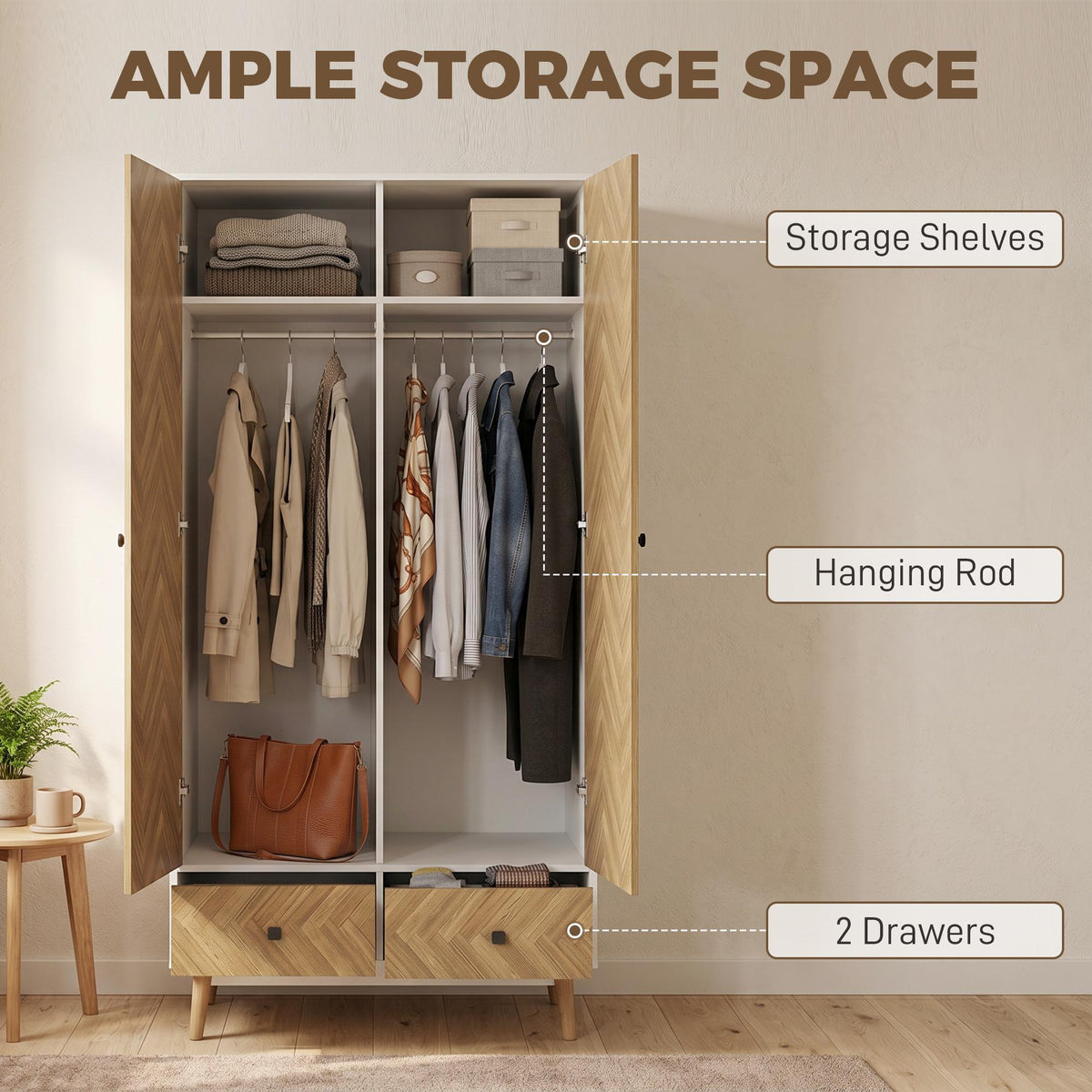 Cabinet Wood-Effect Sticker Surface, Modern Wardrobe with 2 Hanging Rods, 2 Storage Shelves and 2 Drawers, White