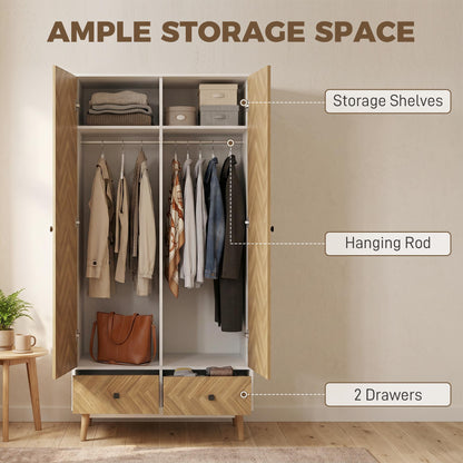 Cabinet Wood-Effect Sticker Surface, Modern Wardrobe with 2 Hanging Rods, 2 Storage Shelves and 2 Drawers, White