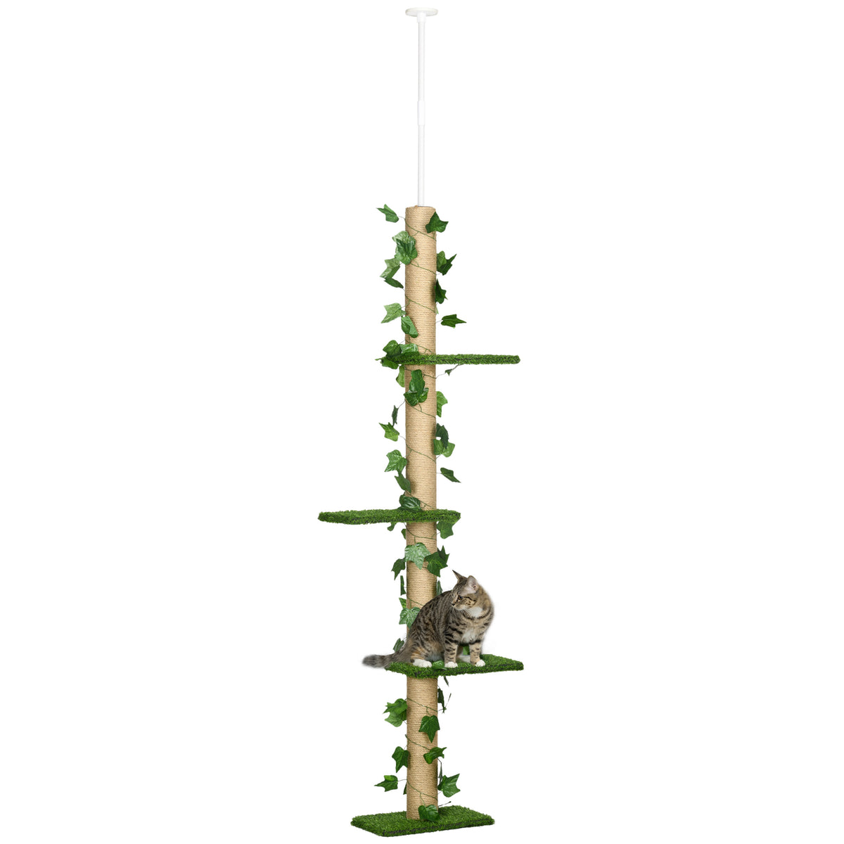 242cm Adjustable Floor-To-Ceiling Cat Tree, with Artificial Decoration, Perches, Anti-Slip Kit - Green
