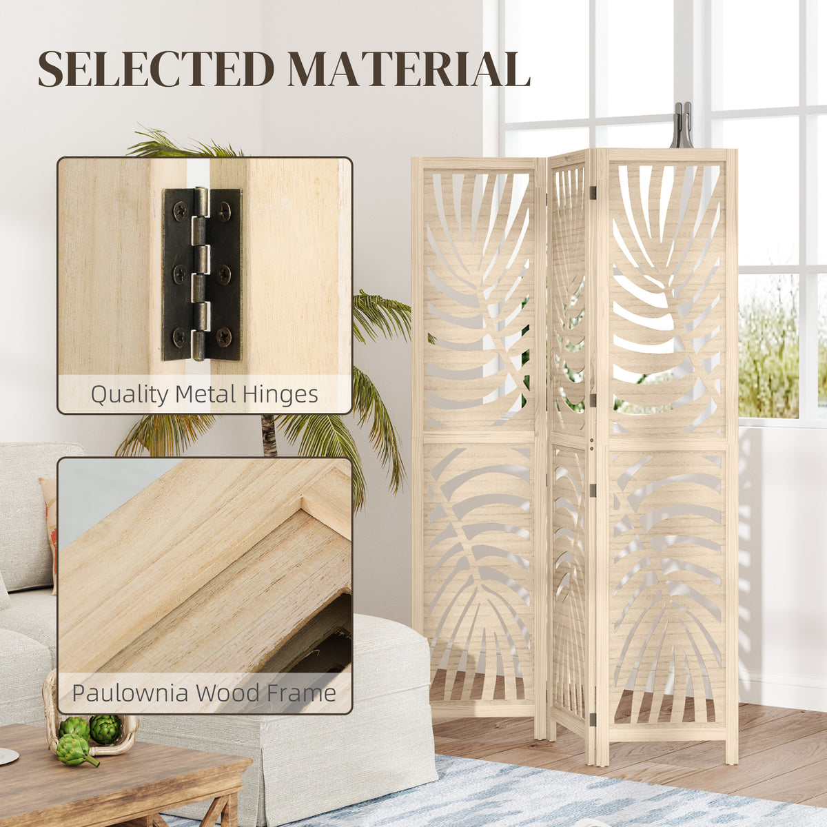 3 Panel Room Divider, Detachable Folding Privacy Screens with Palm Leaf Design for Home Office, Natural Wood Finish