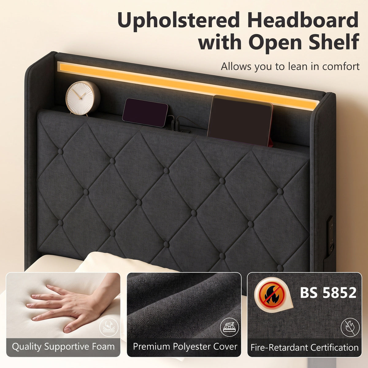 3ft Single Bed Frame with Headboard, Platform Bed Frame with Hydraulic Storage, LED Lights and Charging Station, Black
