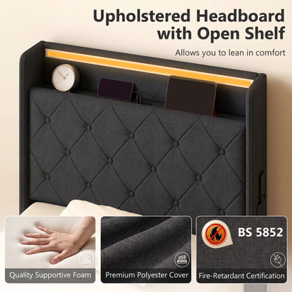 3ft Single Bed Frame with Headboard, Platform Bed Frame with Hydraulic Storage, LED Lights and Charging Station, Black