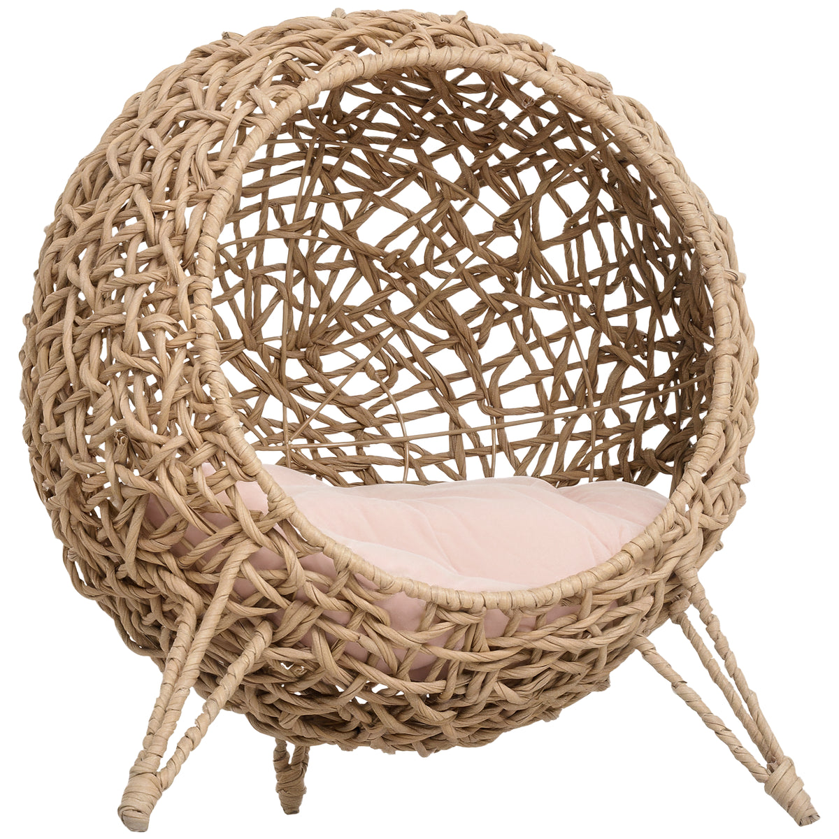 Rattan Elevated Cat Bed House Kitten Basket Ball-Shaped Pet Furniture w/ Removable Cushion