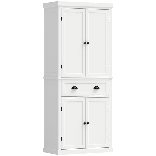 Tall Kitchen Cupboard, 183 cm Freestanding Storage Cabinet with Drawer, 4 Doors and Adjustable Shelves, White