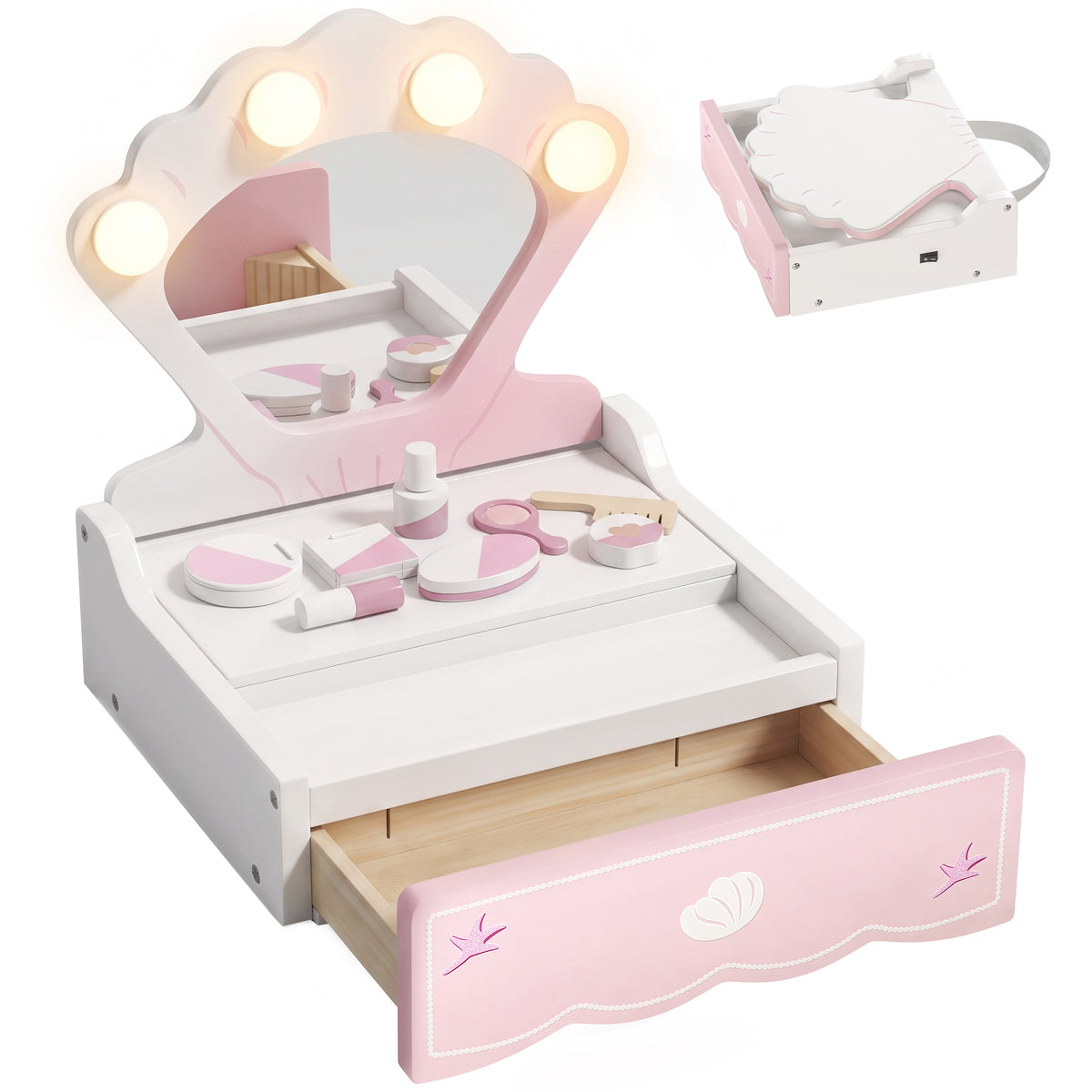 Kids Dressing Table, Portable Vanity Table with Lights, Mirror, Drawer, Accessories, Gift for 3-6 Years