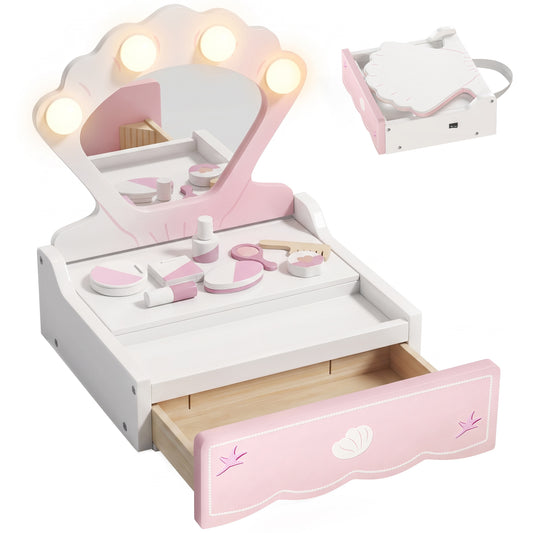 Kids Dressing Table, Portable Vanity Table with Lights, Mirror, Drawer, Accessories, Gift for 3-6 Years