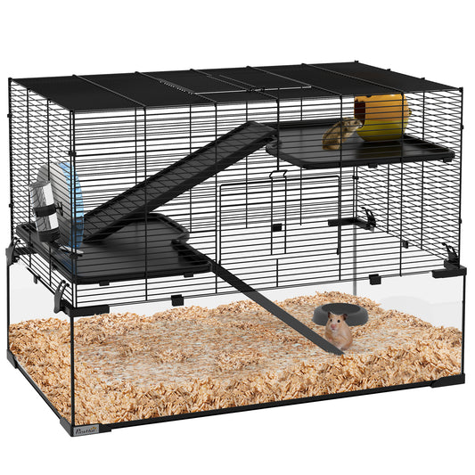 3 Tiers Hamster Cage, Gerbil Cage with Deep Glass Bottom, Non-Slip Ramps, Platforms, Exercise Wheels, Water Bottle, Dish, for Syrian Hamster, Dwarf Hamster, 76.5 x 48.5 x 54.5cm
