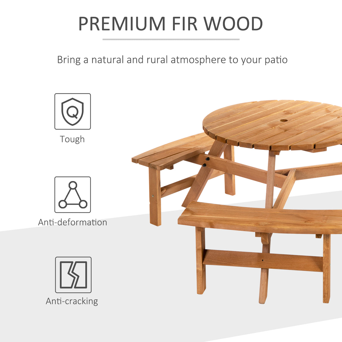 Wooden Garden Dining Set, 6 Seater Round Dining Picnic Table with Matching Bench, Garden Furniture Set with Parasol Hole for Outdoor Patio Party and Family Gatherings, Brownish Red