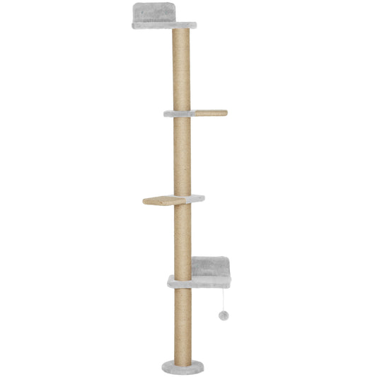 Wall Mounted Cat Shelves, Cat Climbing Wall with 4 Climbing Platforms, Jute Scratching Post and Toy Ball, 180cm Tall, Light Grey