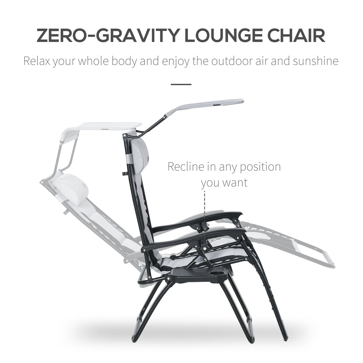 Zero Gravity Lounger Chair, Folding Reclining Patio Chair with Shade Cover, Padded Seat, Cup Holder, Soft Cushion and Headrest for Poolside, Camping, Grey