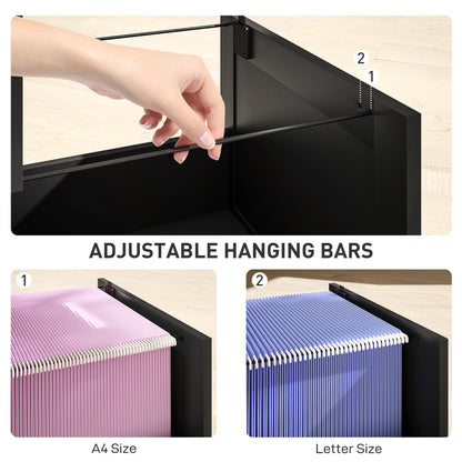 3 Drawer Filing Cabinet with Lock, Office Storage Cabinet with Adjustable Hanging Bars for A4 Letter Size Files, Black