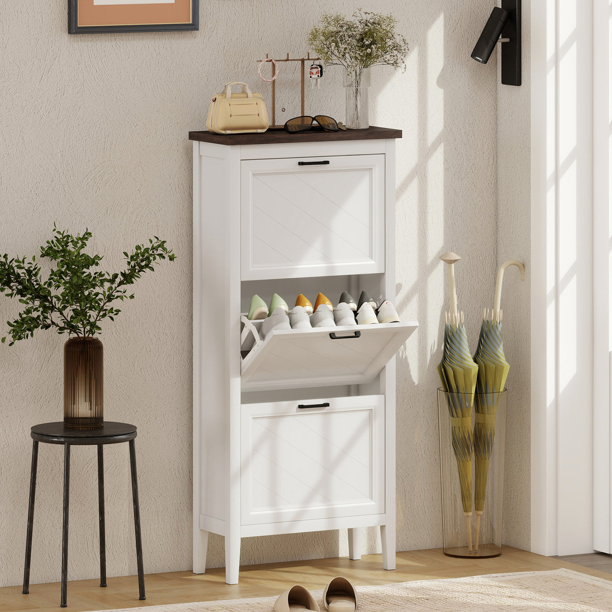 Shoe Cabinet with 3 Flip Drawers, Farmhouse Narrow Shoe Storage Cabinet with Adjustable Shelves, White
