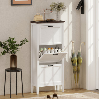 Shoe Cabinet with 3 Flip Drawers, Farmhouse Narrow Shoe Storage Cabinet with Adjustable Shelves, White