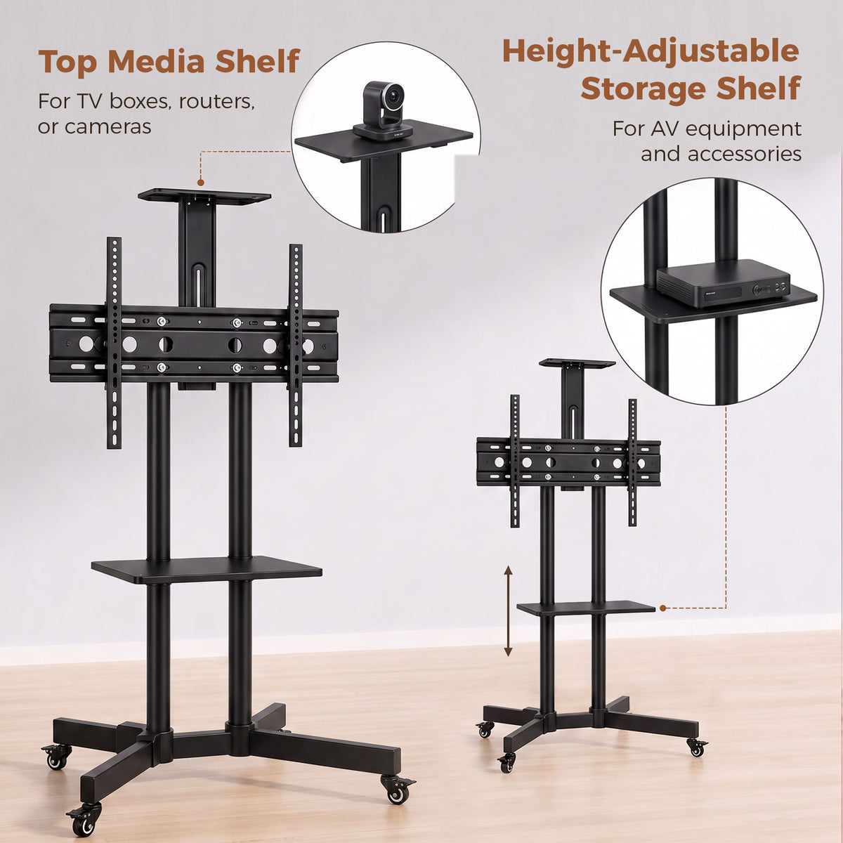 Mobile TV Stand on Wheels for 32-75 Inch Screens, Mobile TV Cart with Tilt, Height Adjustable, Black