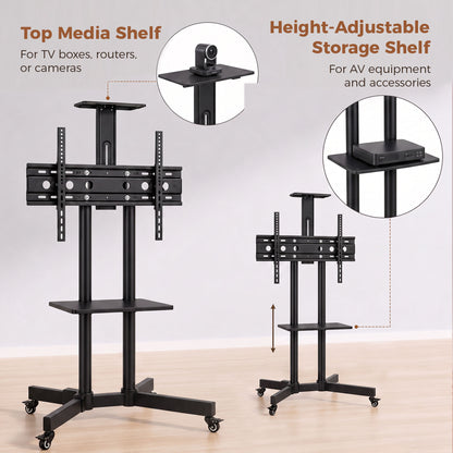 Mobile TV Stand on Wheels for 32-75 Inch Screens, Mobile TV Cart with Tilt, Height Adjustable, Black