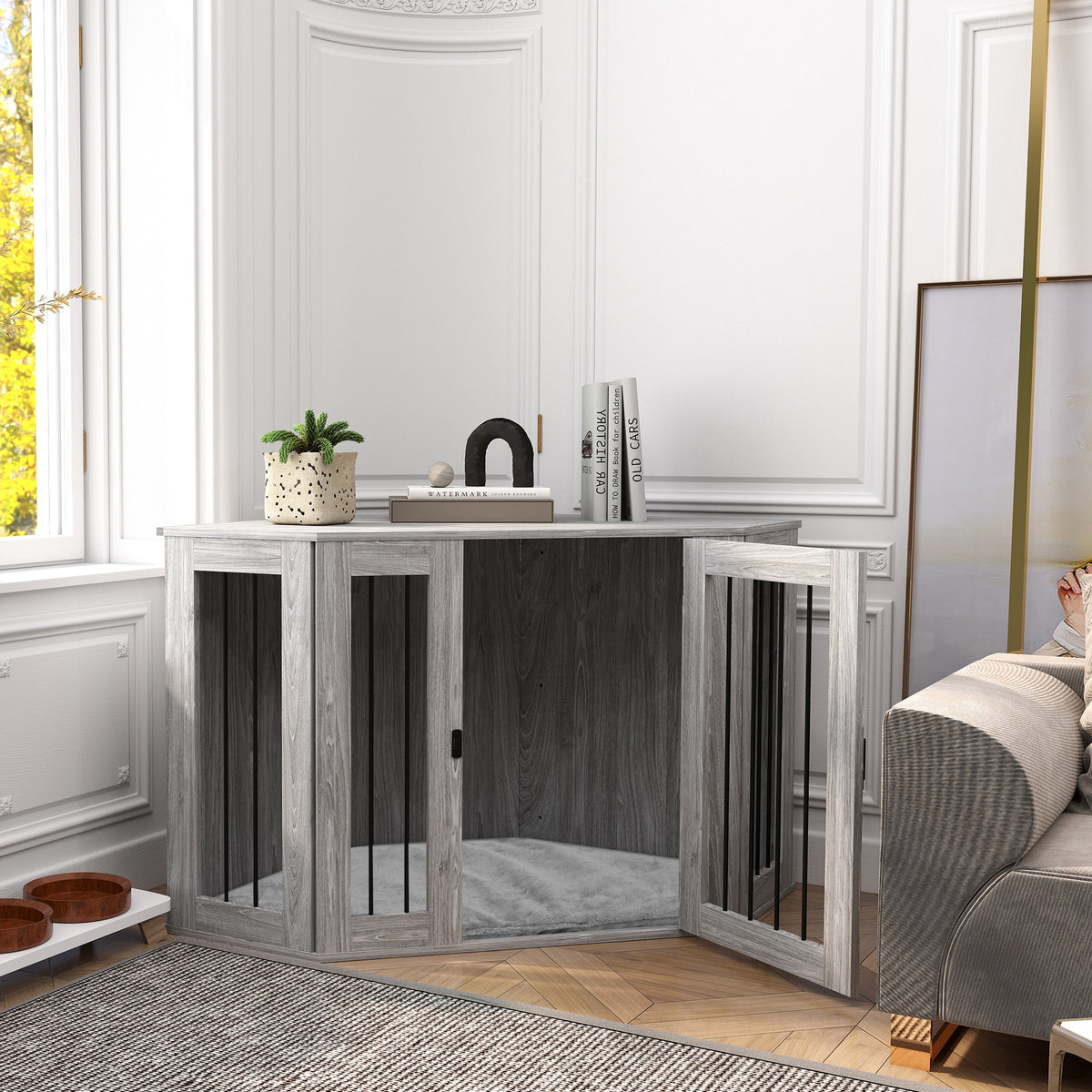 Dog Crate Furniture Side Table, with Cushion, 122 x 61 x 71cm - Grey