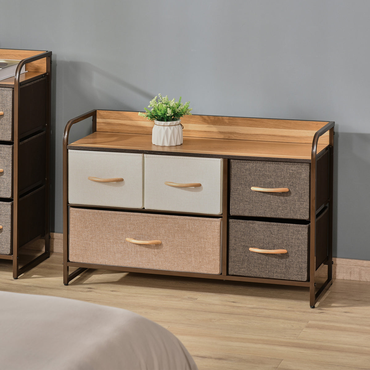 5-Drawer Dresser, 2-Tier Storage Organizer, Tower Unit for Bedroom Hallway Closets with Steel Frame Wooden Top