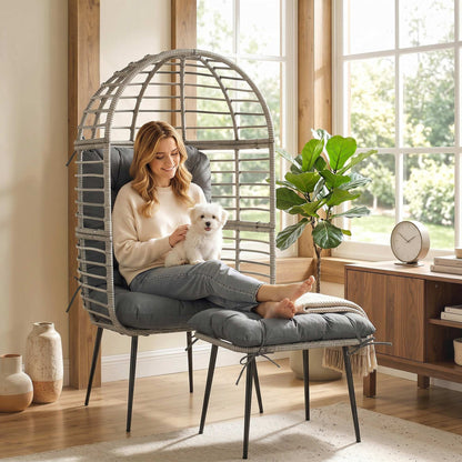 Garden Egg Chair with Footstool, Rattan Indoor Outdoor Lounge Chair and Ottoman Set with Thick Cushions