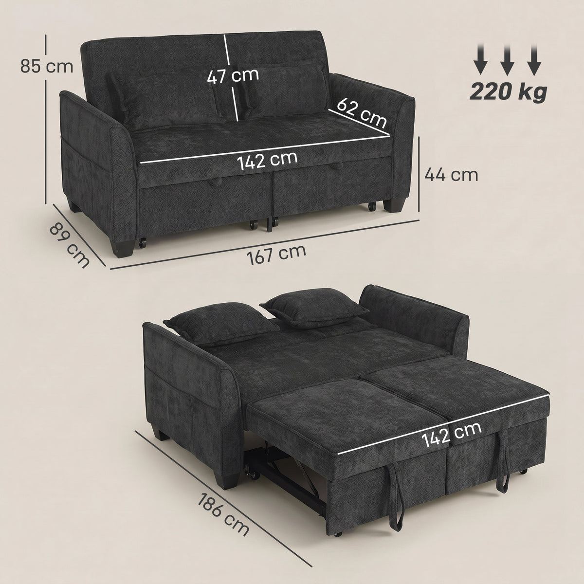 2 Seater Sofa Bed, 4-in-1 L-Shaped Convertible Pull-Out Sleeper Sofa with Adjustable Backrest and Side Pockets