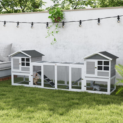 2 in 1 Rabbit Hutch Outdoor Guinea Pig Hutch Bunny Run Double Main House with Run, No-Leak Tray 259 x 64 x 92cm, Grey