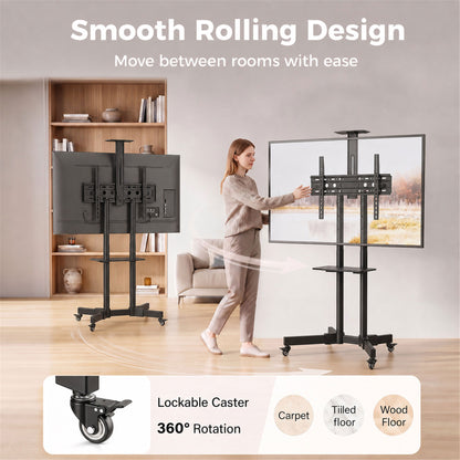 Mobile TV Stand on Wheels for 32-75 Inch Screens, Mobile TV Cart with Tilt, Height Adjustable, Black