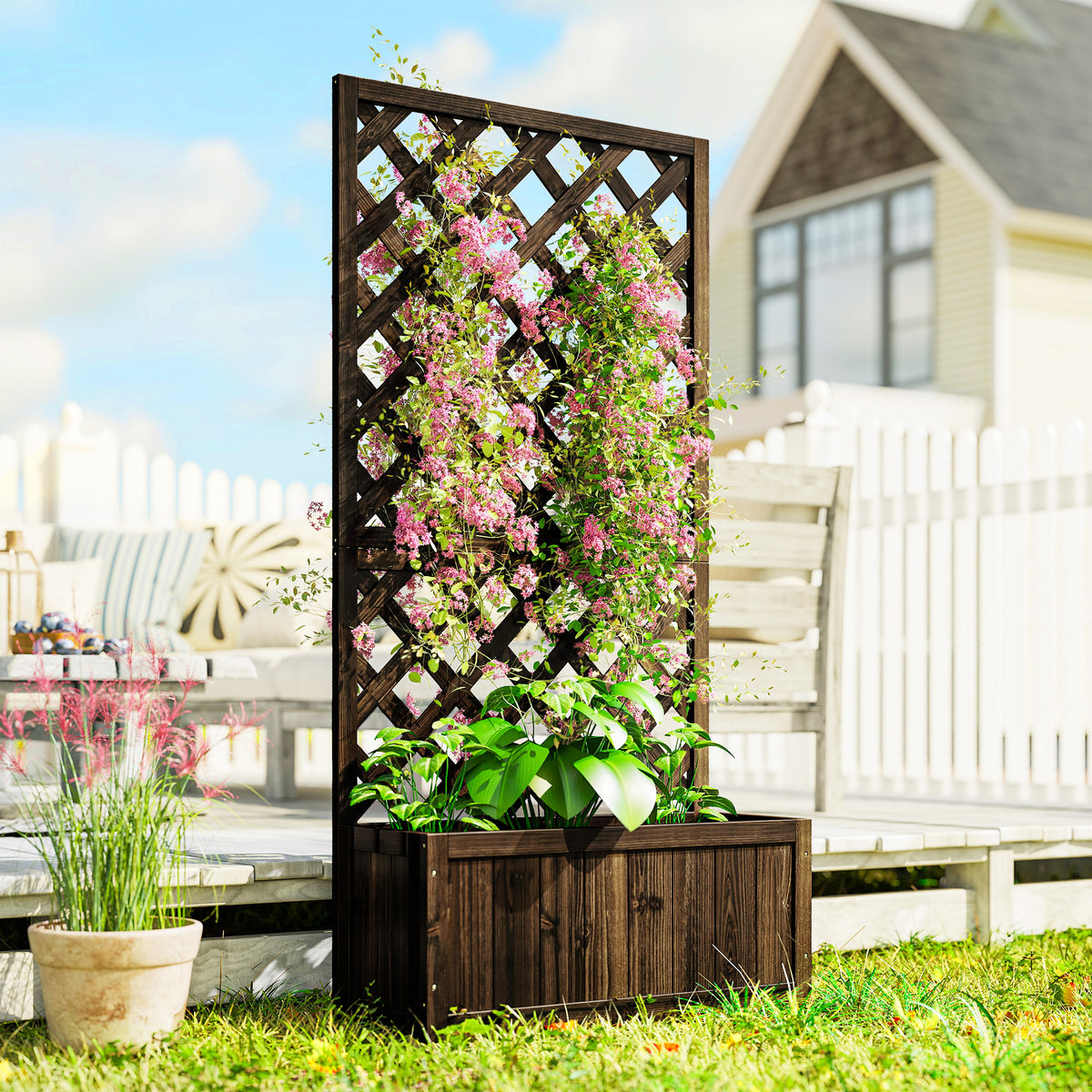 Garden Planter with Trellis, 45L Raised Bed for Climbing Plants, Vines, Flowers, Outdoor Planter Box for Patio, 72.5 x 31.5 x 149.5 cm, Carbonised Finish