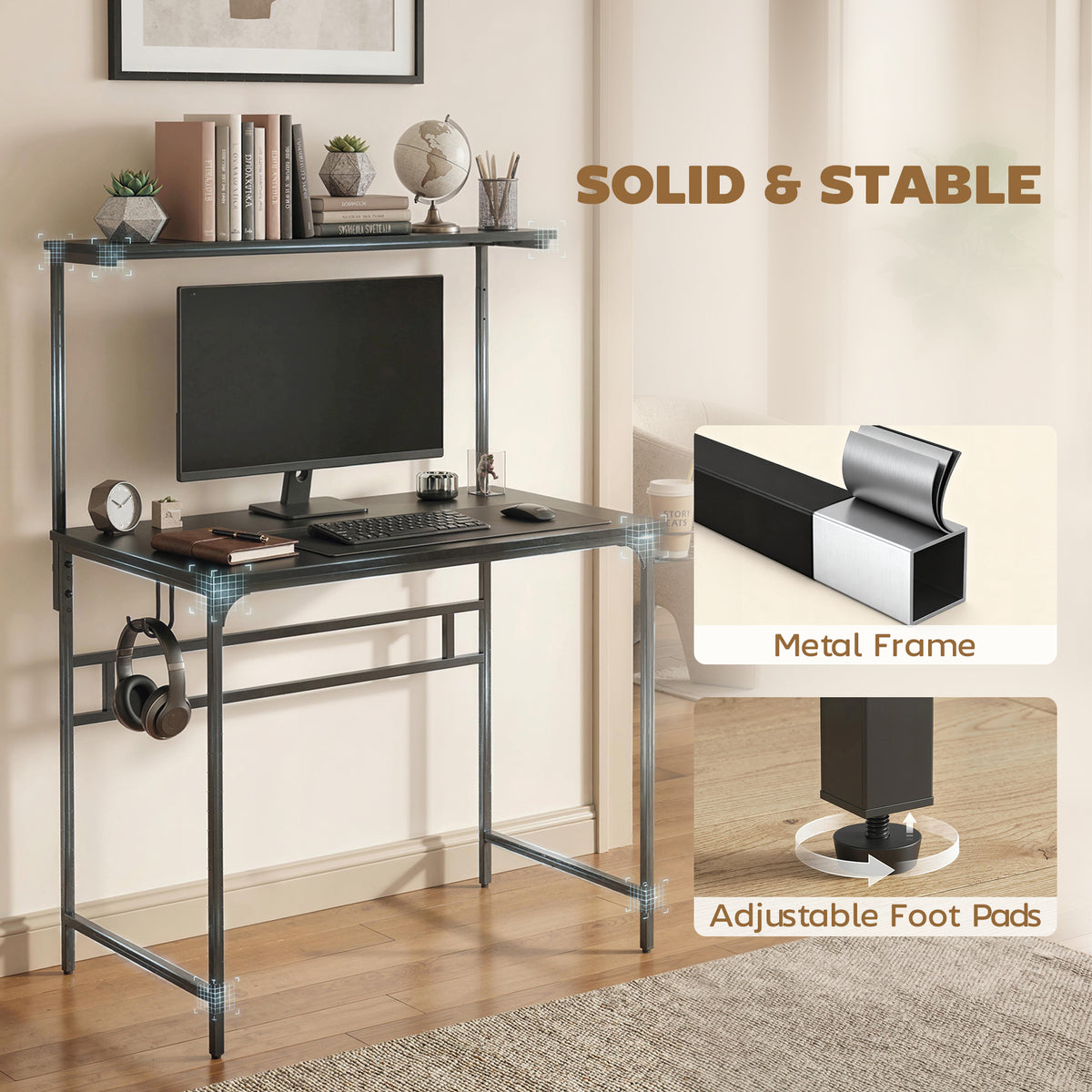 Computer Desk, 80cm Home Office Study Table with Hutch Shelf, Cup Holder, Headphone Hook