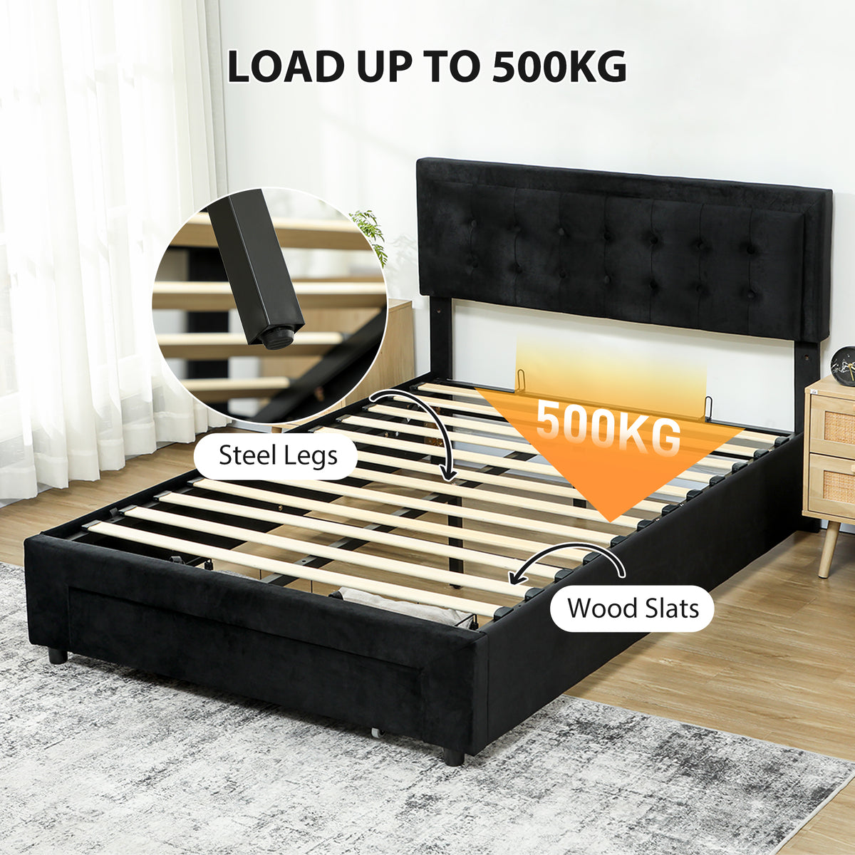 King Size Ottoman Bed Frame, with Front Drawer - Black