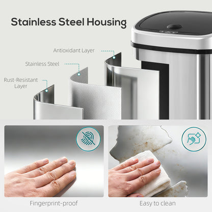 48L Motion Sensor Bin, Automatic Touchless Rubbish Bin with Fingerprint Resistant Stainless Steel for Kitchen, Hygienic Gyms, Home Office Use, Silver Tone
