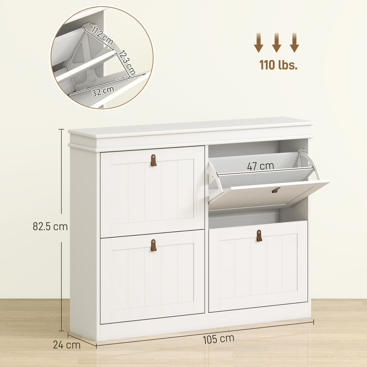 Slim Shoe Cabinet, Shoe Cabinet with 4 Drop-Down Drawers, 105W x 24D x 82.5H cm, White