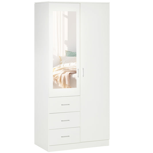 2 Door 3 Drawer Mirrored Wardrobe with Hanging Rail, Modern Clothes Storage Cupboard with Mirror, Drawers and Adjustable Shelves for Bedroom, 80 x 50 x 180 cm, White