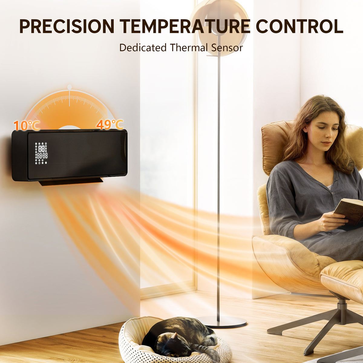 2000W Ceramic Electric Heater with Fan, Adjustable Thermostat, Wall Mounted