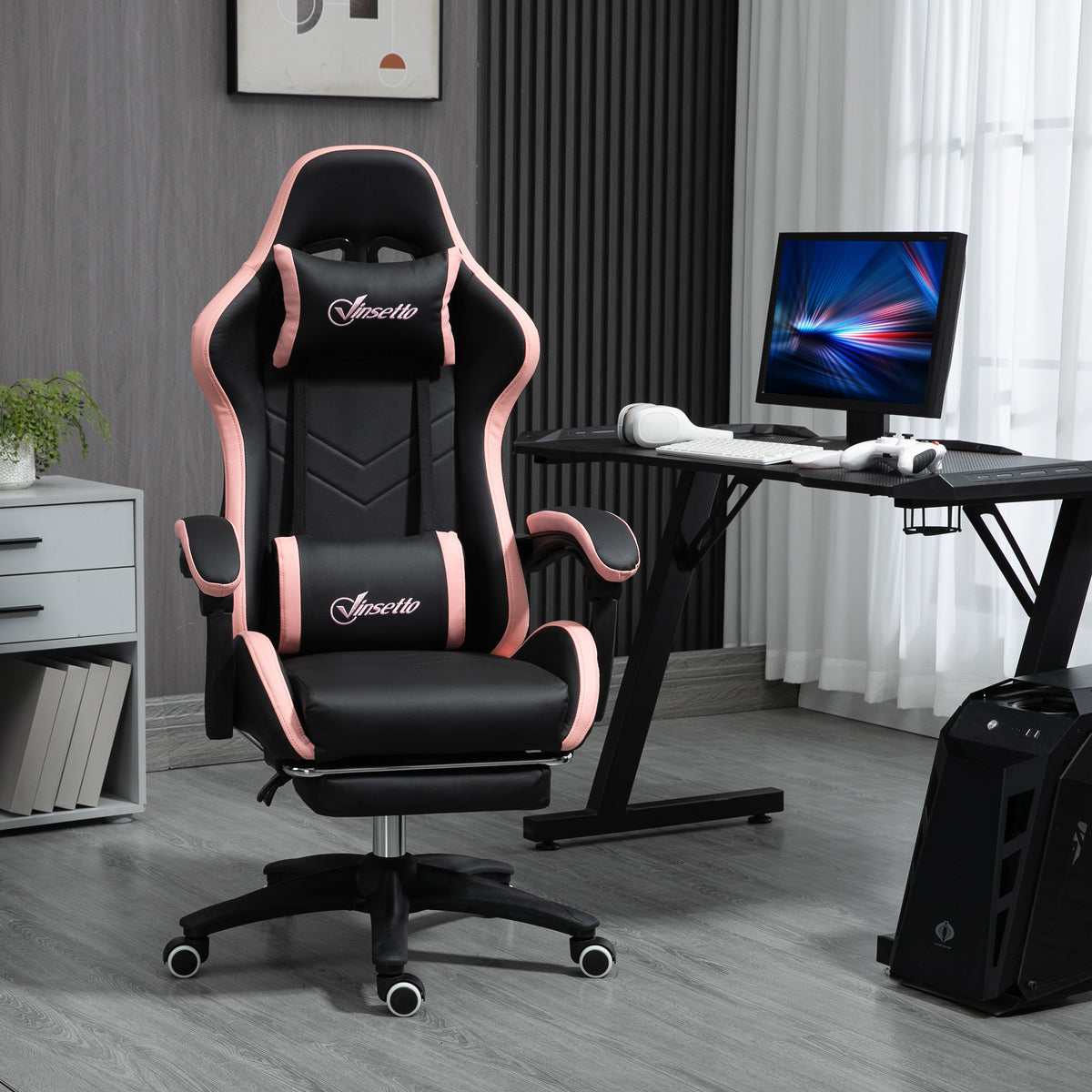 Gaming Chair, Computer Gamer Chair with Reclining High Back, Headrest, Lumbar Support, Footrest, Swivel Wheels, PU Leather, Adjustable Height for Home, Black and Pink