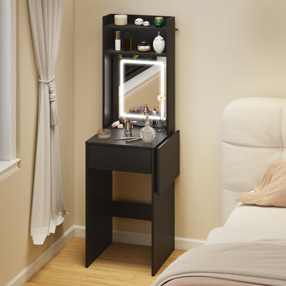 Small Vanity Desk with Mirror and LED Lights, Compact Dressing Table with Drop Leaf, Open Shelves and Drawer