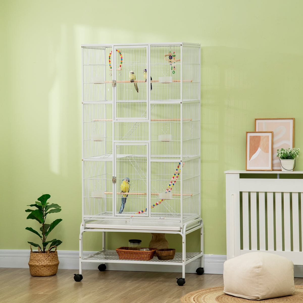 Large Bird Cage Budgie Cage 3 Tier Aviary with Stand Wheels, Toys, Ladders, Shelf for Canaries, Finches, Cockatiels, Parakeets - White