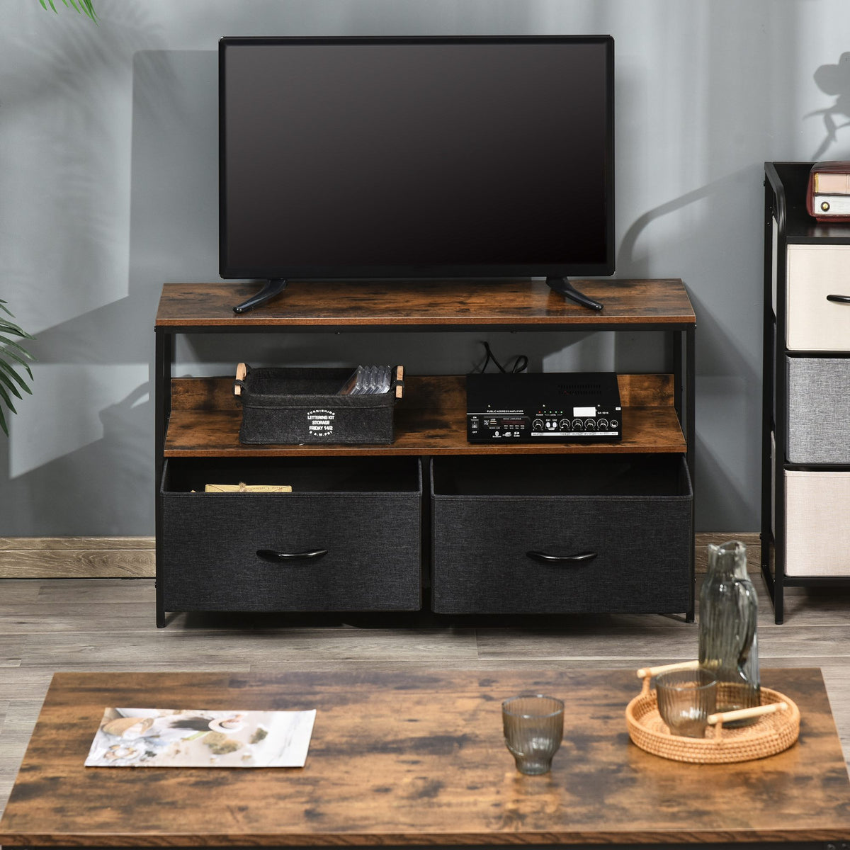 TV Stand Cabinet with 2 Foldable Drawers - Rustic Brown