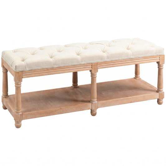 2-Tier Bed End Bench, Vintage Stool, Wooden Window Seat with Storage Shelf, Button Tufted Upholstered Footstool for Living Room, Bedroom, Entryway, Cream White