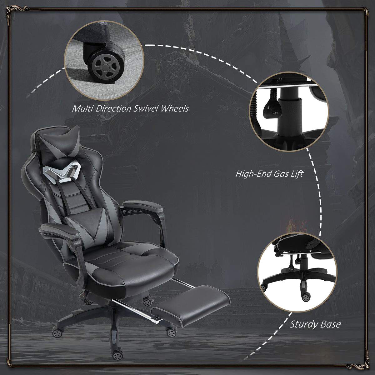 Computer Gaming Chair, Racing Desk Chair with Lumbar Support and Footrest, PU Leather Gamer Chair with Headrest and Swivel Wheels for Home, Grey