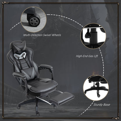 Computer Gaming Chair, Racing Desk Chair with Lumbar Support and Footrest, PU Leather Gamer Chair with Headrest and Swivel Wheels for Home, Grey