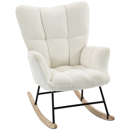 Rocking Chair, Teddy Fleece Rocker Chair with Tufted Wingback, Side Pockets, Rubber Wood Legs
