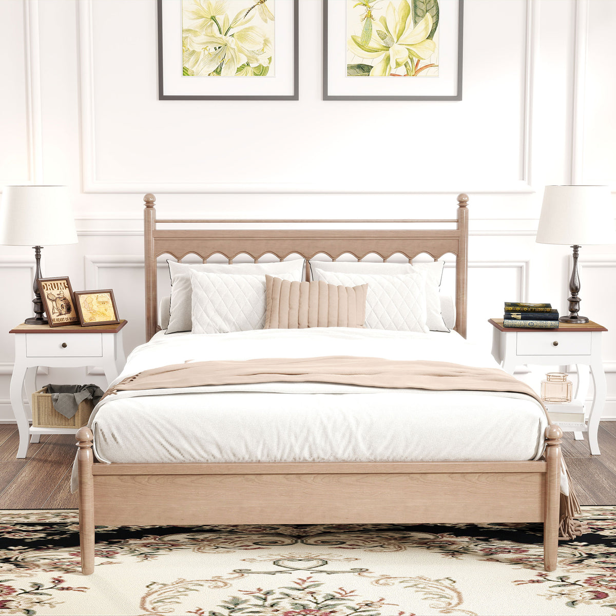 2pcs Bedside Tables with Drawer, French Style Bedside Cabinets with Open Shelf for Bedroom, Living Room, White