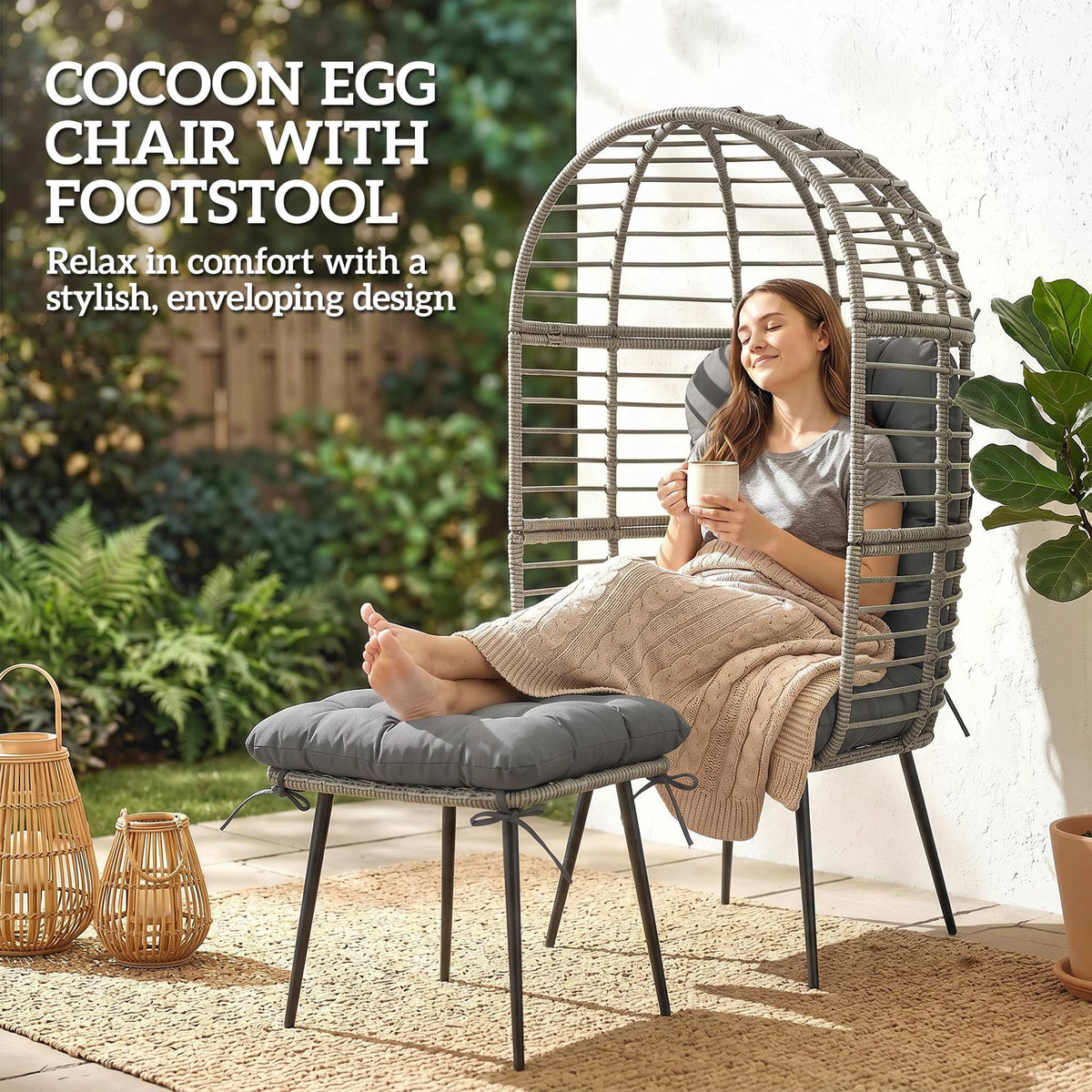 Garden Egg Chair with Footstool, Rattan Indoor Outdoor Lounge Chair and Ottoman Set with Thick Cushions