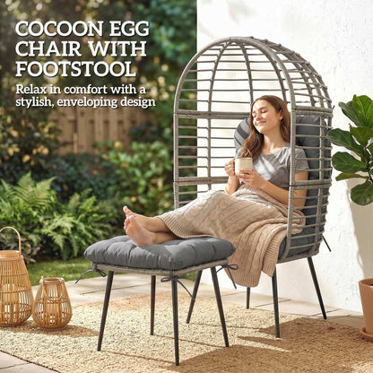 Garden Egg Chair with Footstool, Rattan Indoor Outdoor Lounge Chair and Ottoman Set with Thick Cushions