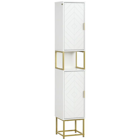 Narrow Bathroom Storage Cabinet, Freestanding Tallboy Storage Unit with Adjustable Shelf, 2 Doors and Steel Base, Slim Corner Organizer, White