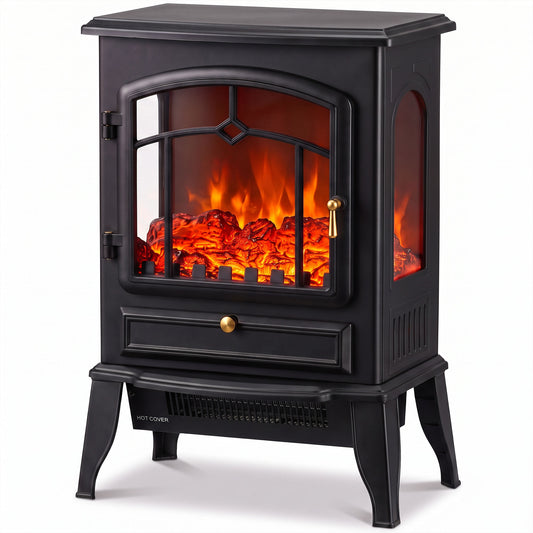 Electric Fireplace Stove, 1000/2000W 3-Sided Freestanding Fireplace Heater with 3D Flame Log, Thermostat