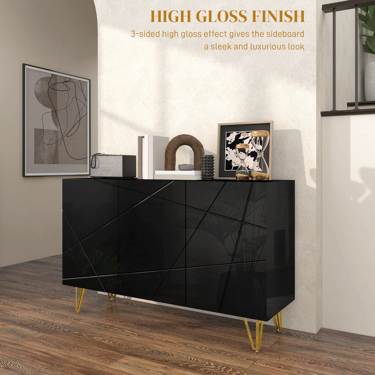 Modern Luxe High Gloss Sideboard, with Hairpin Legs - Black