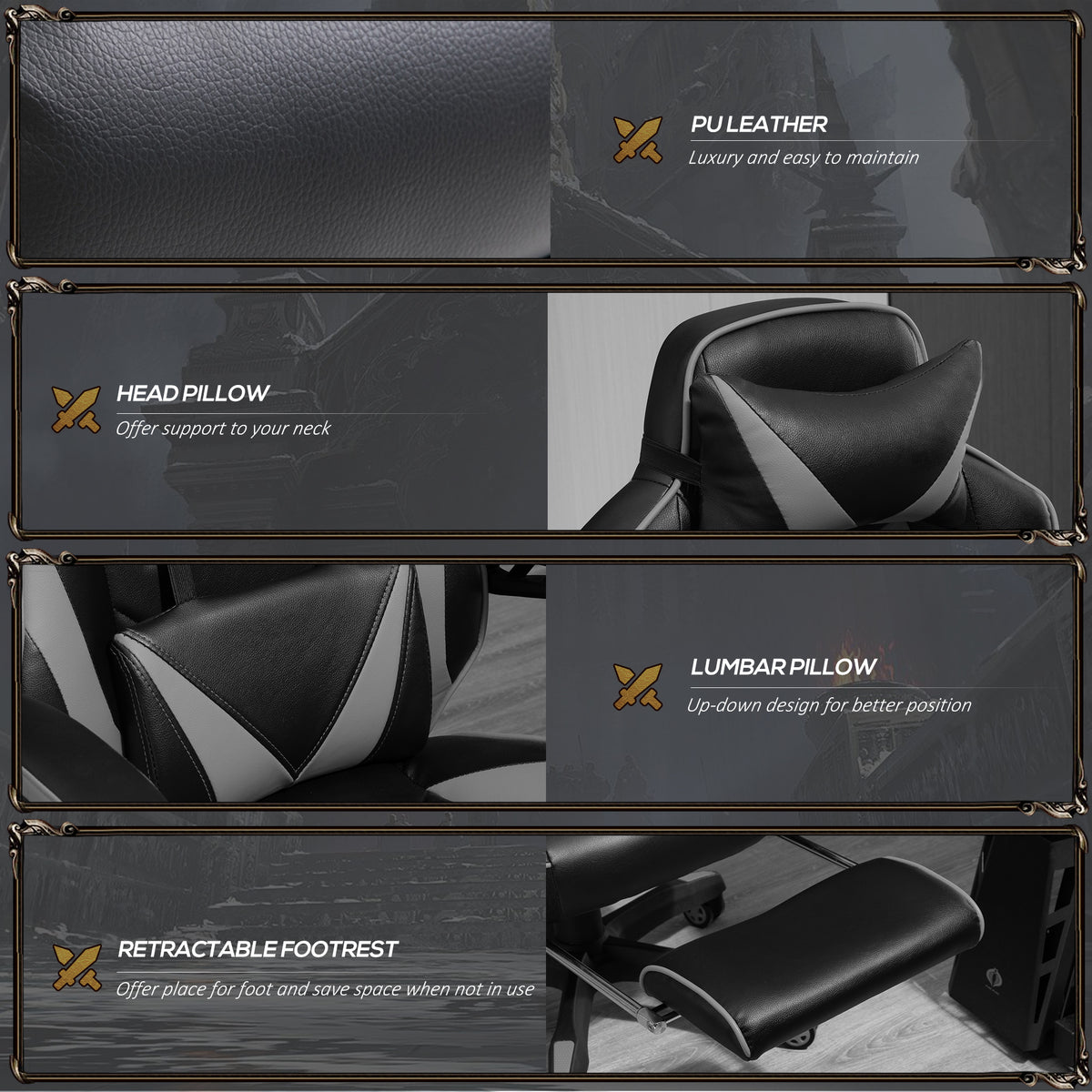 Computer Gaming Chair, Racing Desk Chair with Lumbar Support and Footrest, PU Leather Gamer Chair with Headrest and Swivel Wheels for Home, Grey