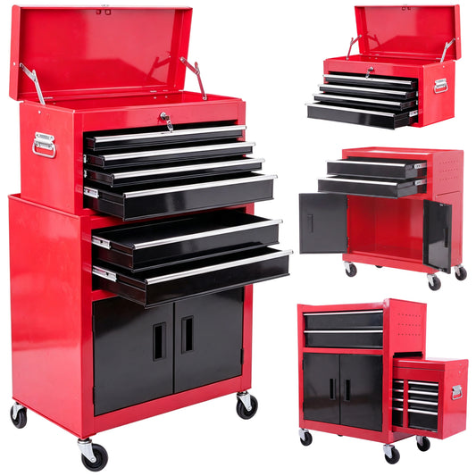 Tool Chest, Metal Tool Cabinet on Wheels with 6 Drawers, Pegboard, Top Chest and Roller Cabinet Combo, 61.6 x 33 x 108cm, Red and Black